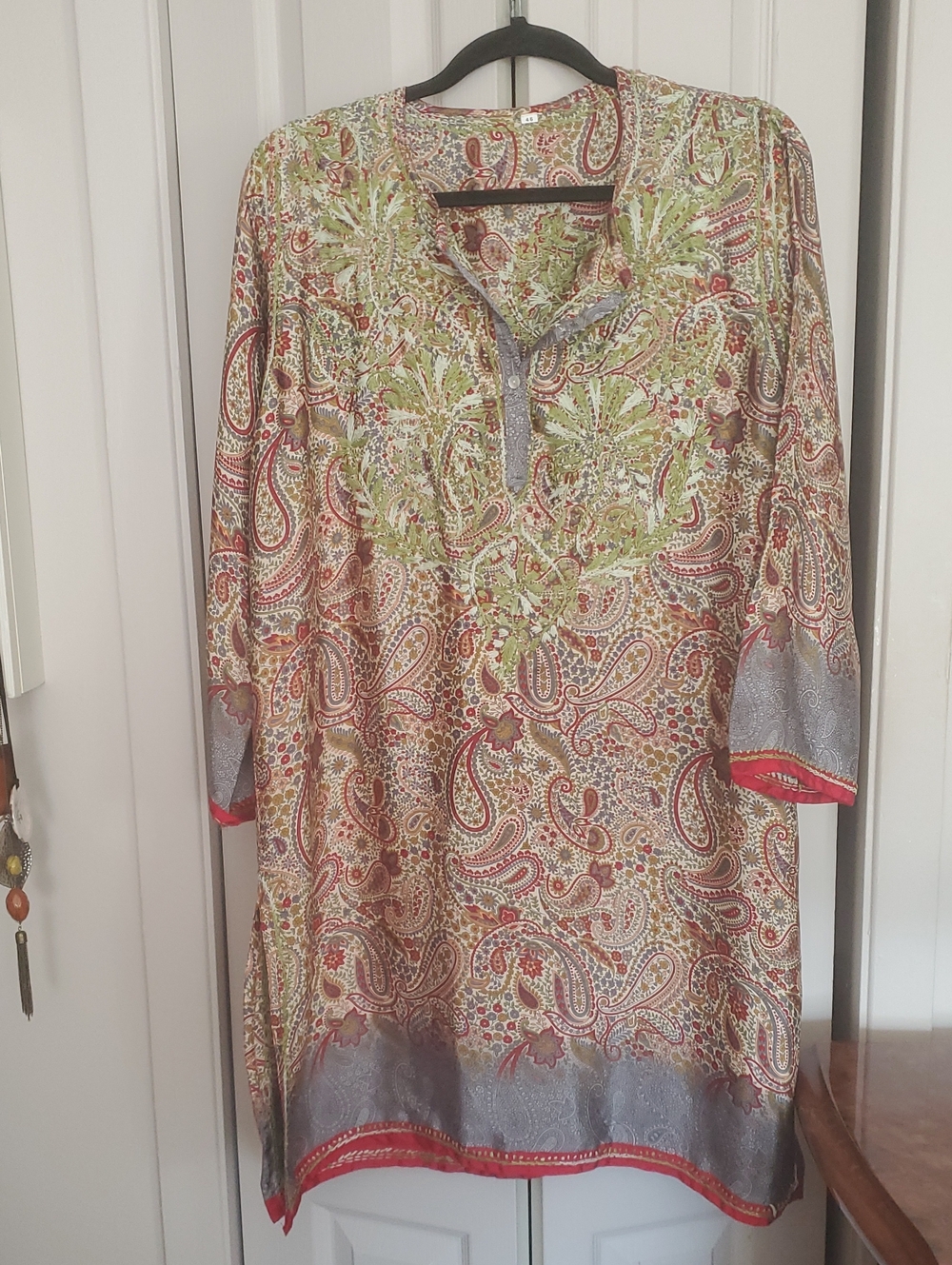 Silk Paisley Embroidered Split-Neck Tunic Dress in Multicolor